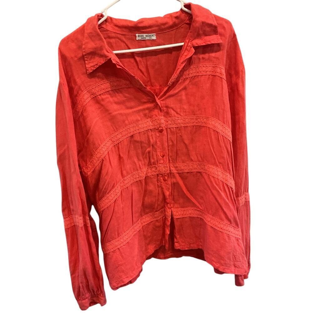 Russ‎ Berens Womens Linen Button Up Shirt Coral Pink Euro Summer Beach Coastal